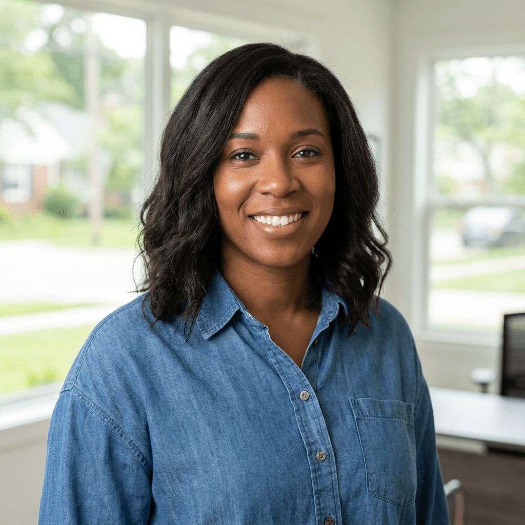 Female property manager in her late 40s, Black, in a business casual outfit