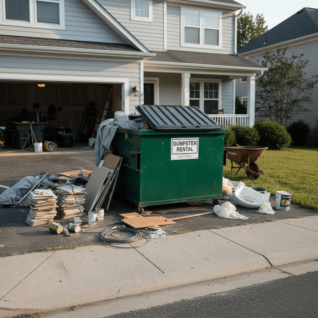 Small dumpster in a residential driveway surrounded by renovation debris