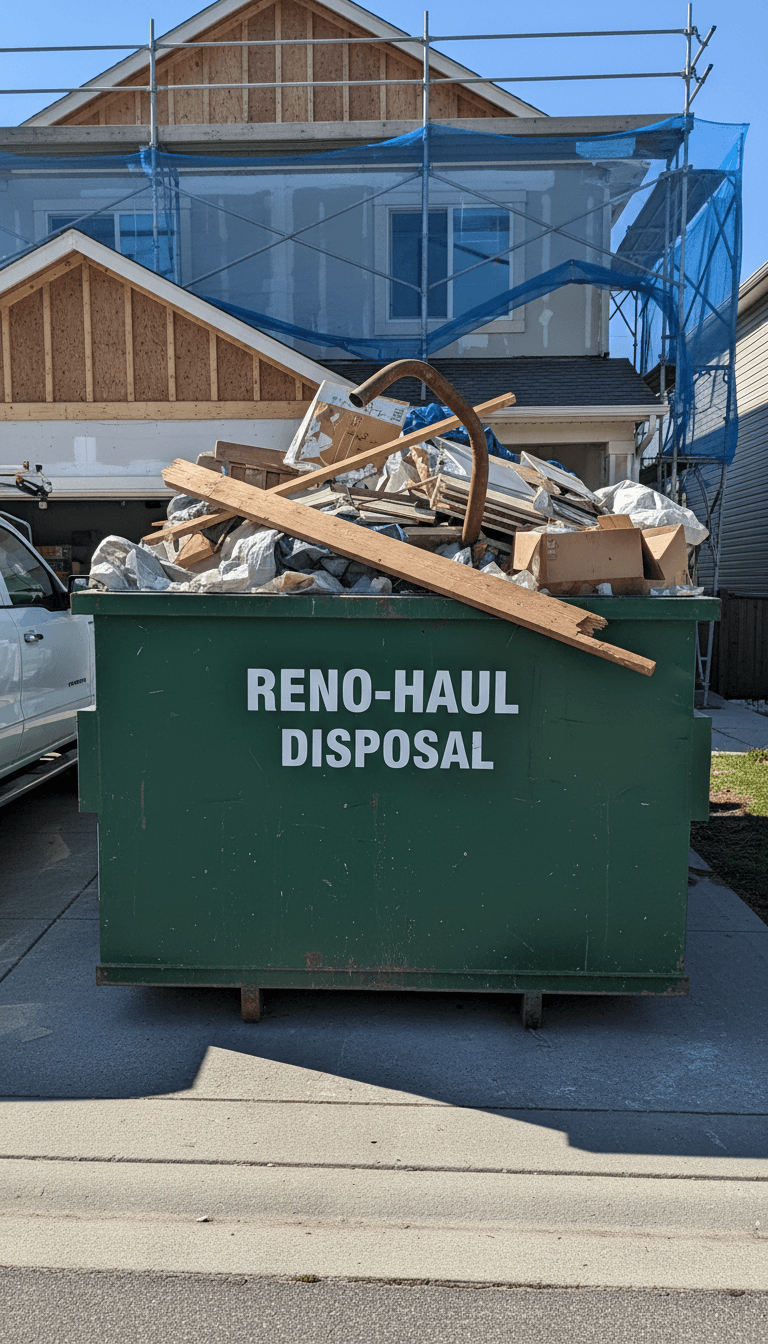 Large green dumpster in driveway of home with renovation debris inside
