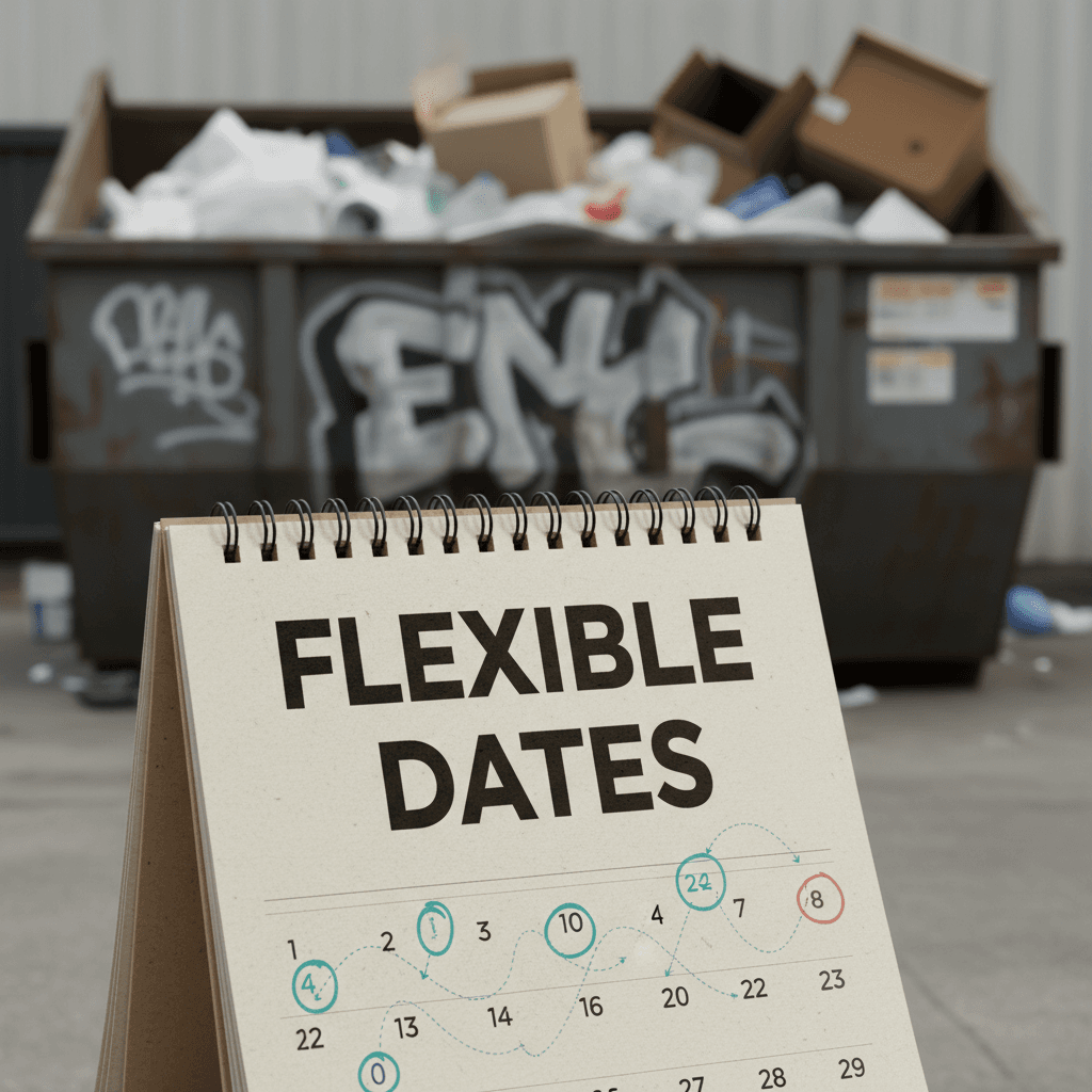 Calendar showing flexible dates with a dumpster in the background