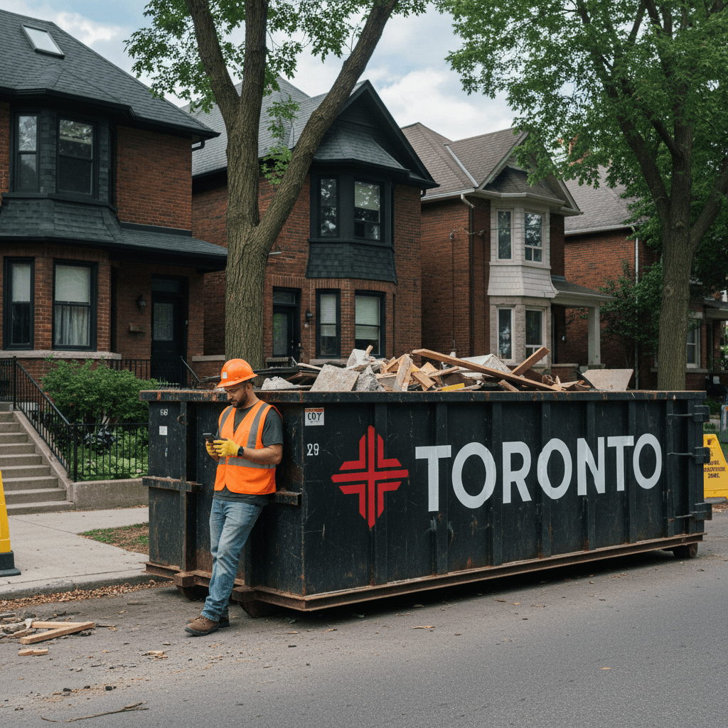 Construction worker in orange vest beside dumpster on residential street in Toronto