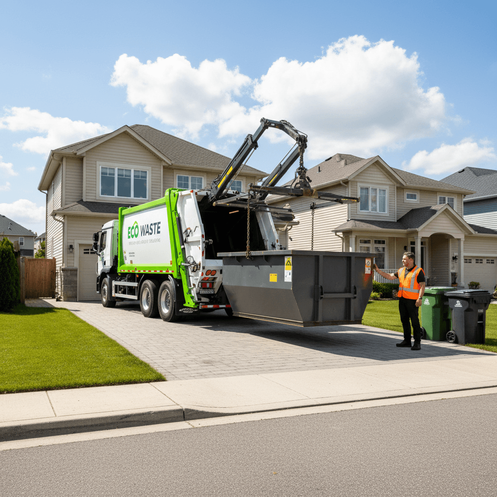 Truck picking up a dumpster from a clean suburban driveway