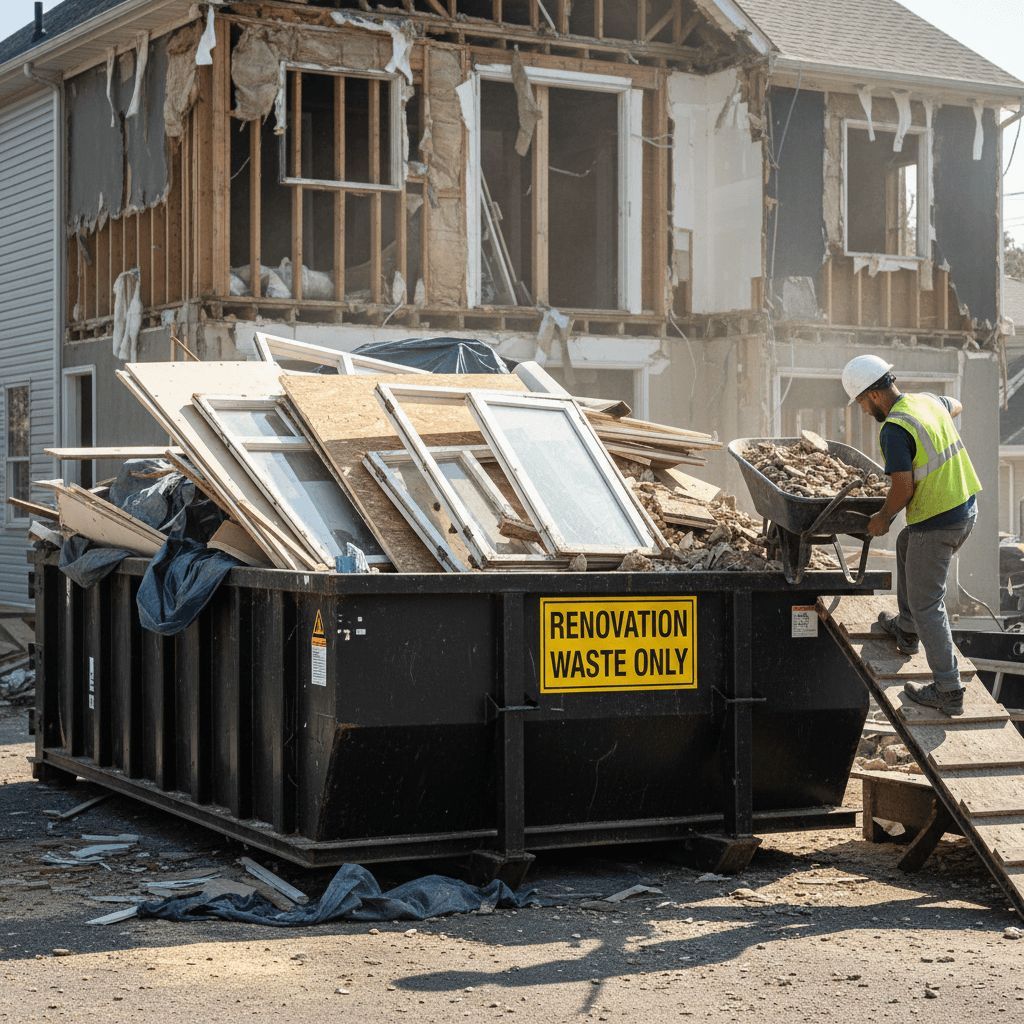Large dumpster being loaded with debris from a house renovation