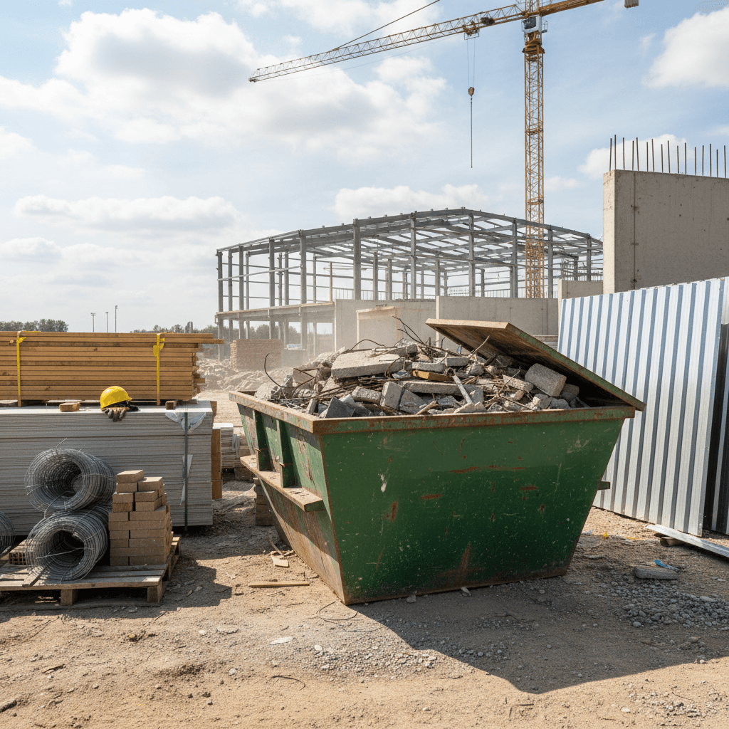Medium-sized dumpster on a construction site with building materials nearby