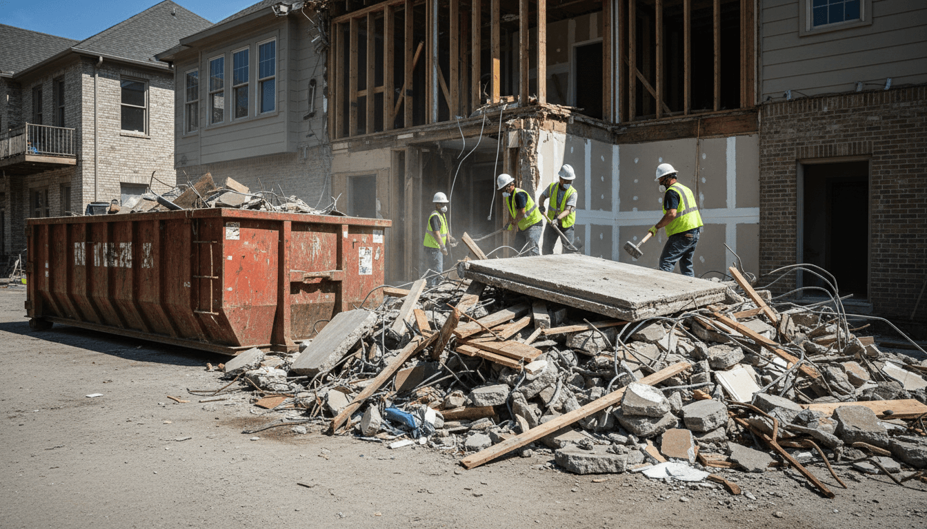 Construction dumpster filled with debris at a renovation site
