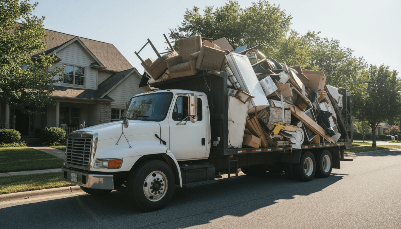 Dumpster delivery truck placing a container on a residential street