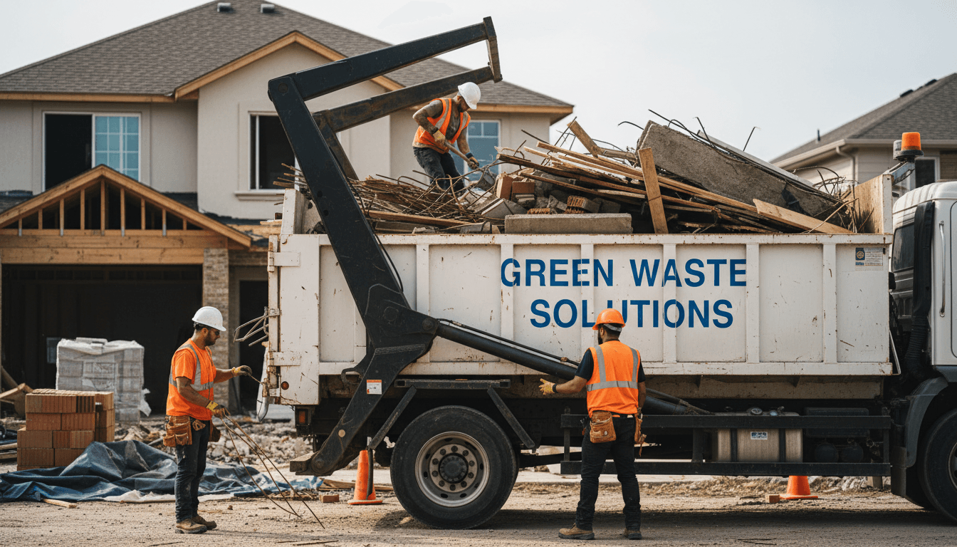 Overhead view of a full metal dumpster with mixed construction waste and debris
