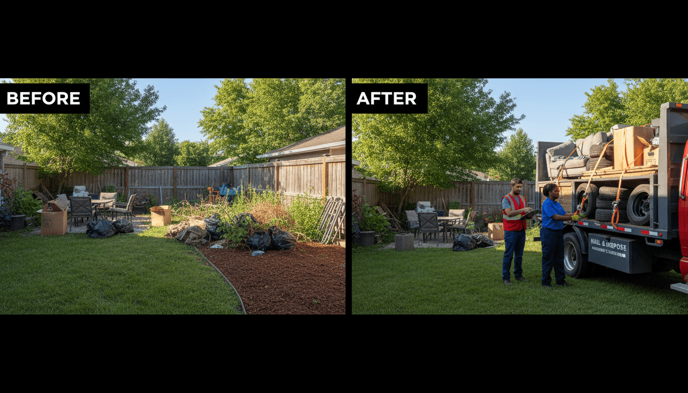 Homeowner reviewing a project beside a dumpster in their yard