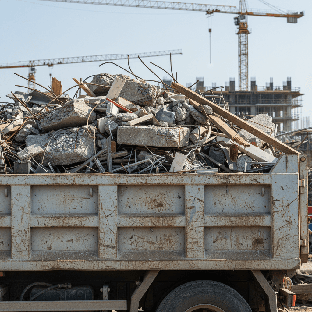 Dumpster delivery truck lowering a bin at a residential property